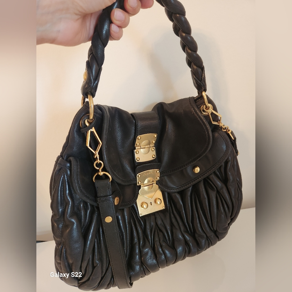 copy-Miu Miu Black Leather Bag with Gold Accents